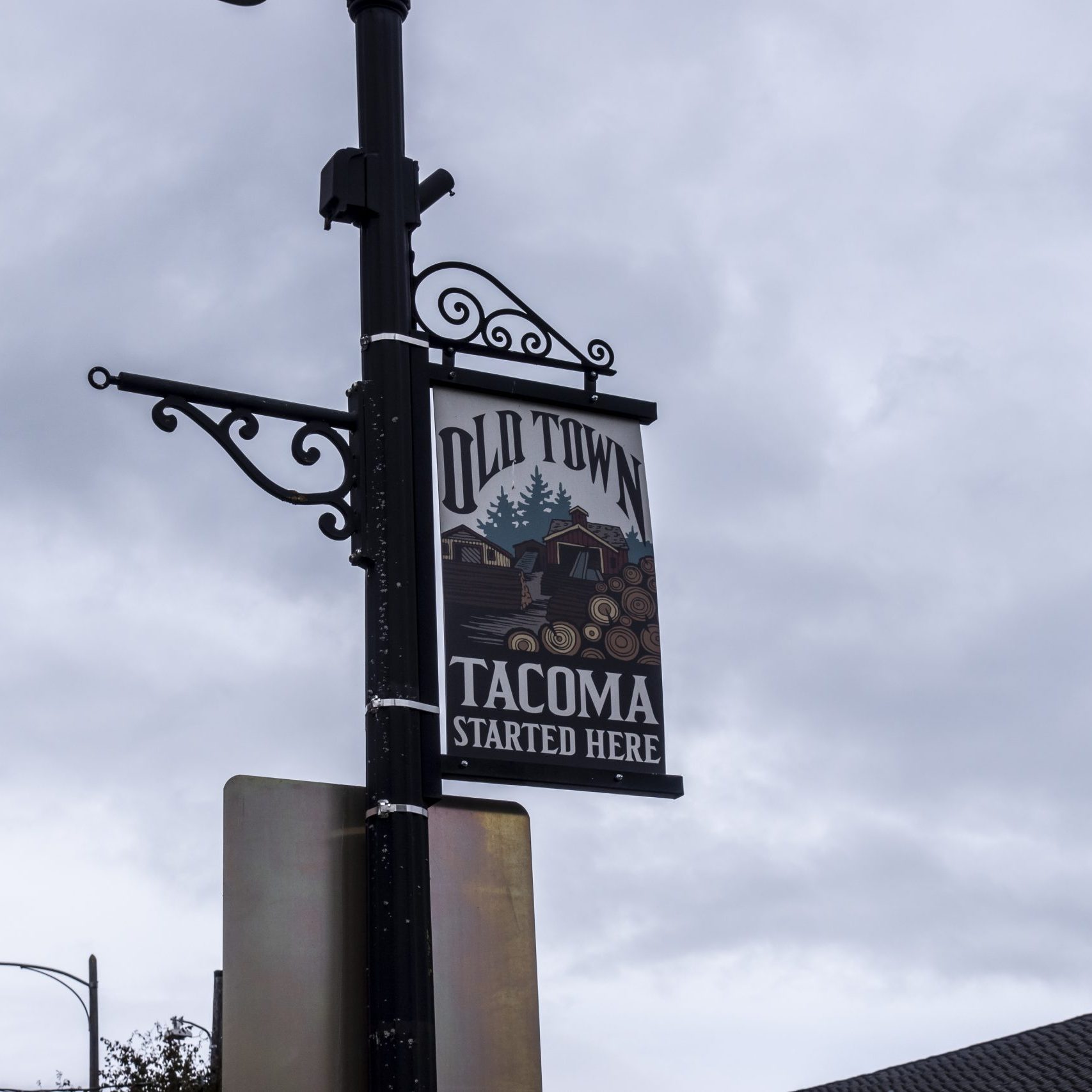 Tacoma, WA USA - circa August 2021: Low angle view of a banner in downtown Old Town Tacoma.